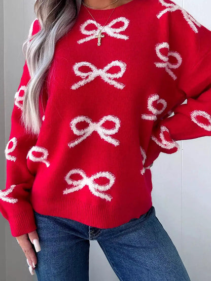 Bow Dropped Shoulder Round Neck Shift Sweater by Trendsi