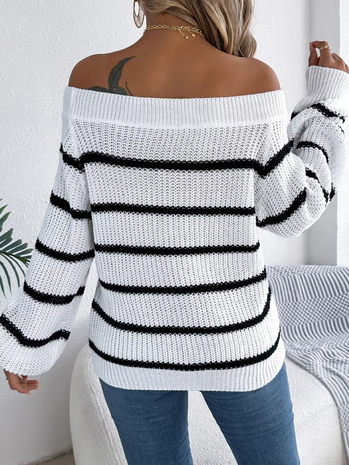 Off-Shoulder Striped Contrast Sweater by Trendsi