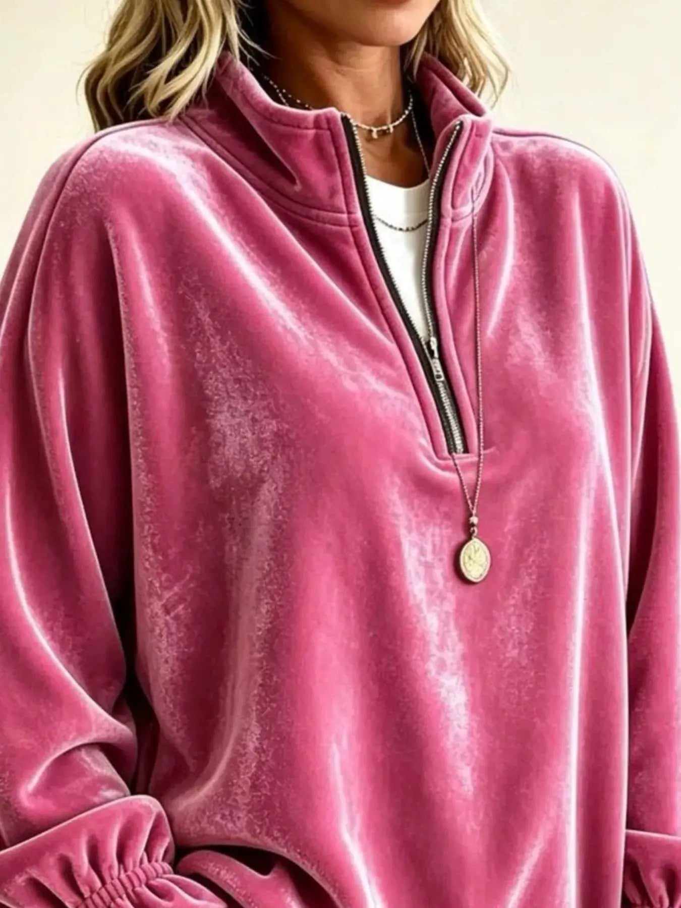 Velvet Quarter-Zip Sweatshirt with Ruffled Cuffs by Trendsi