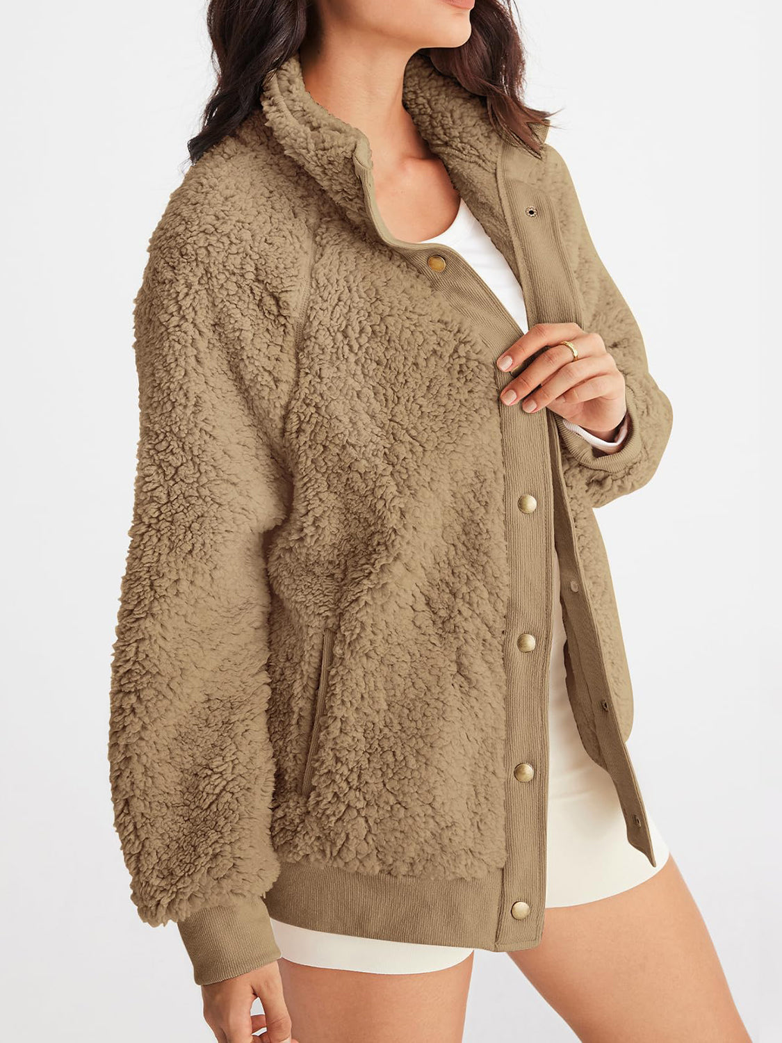 Full Size Teddy Snap Down Long Sleeve Jacket