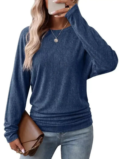 Long Sleeve Crew Neck Casual T-Shirt with Ruched Hem by Trendsi