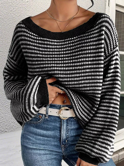 Striped Knit Boat Neck Sweater by Trendsi