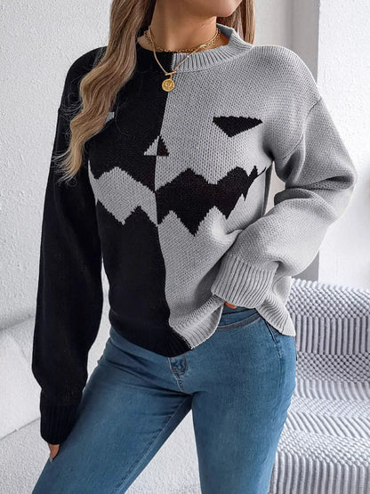 Pumpkin Face Graphic Two Tone Sweater by Trendsi