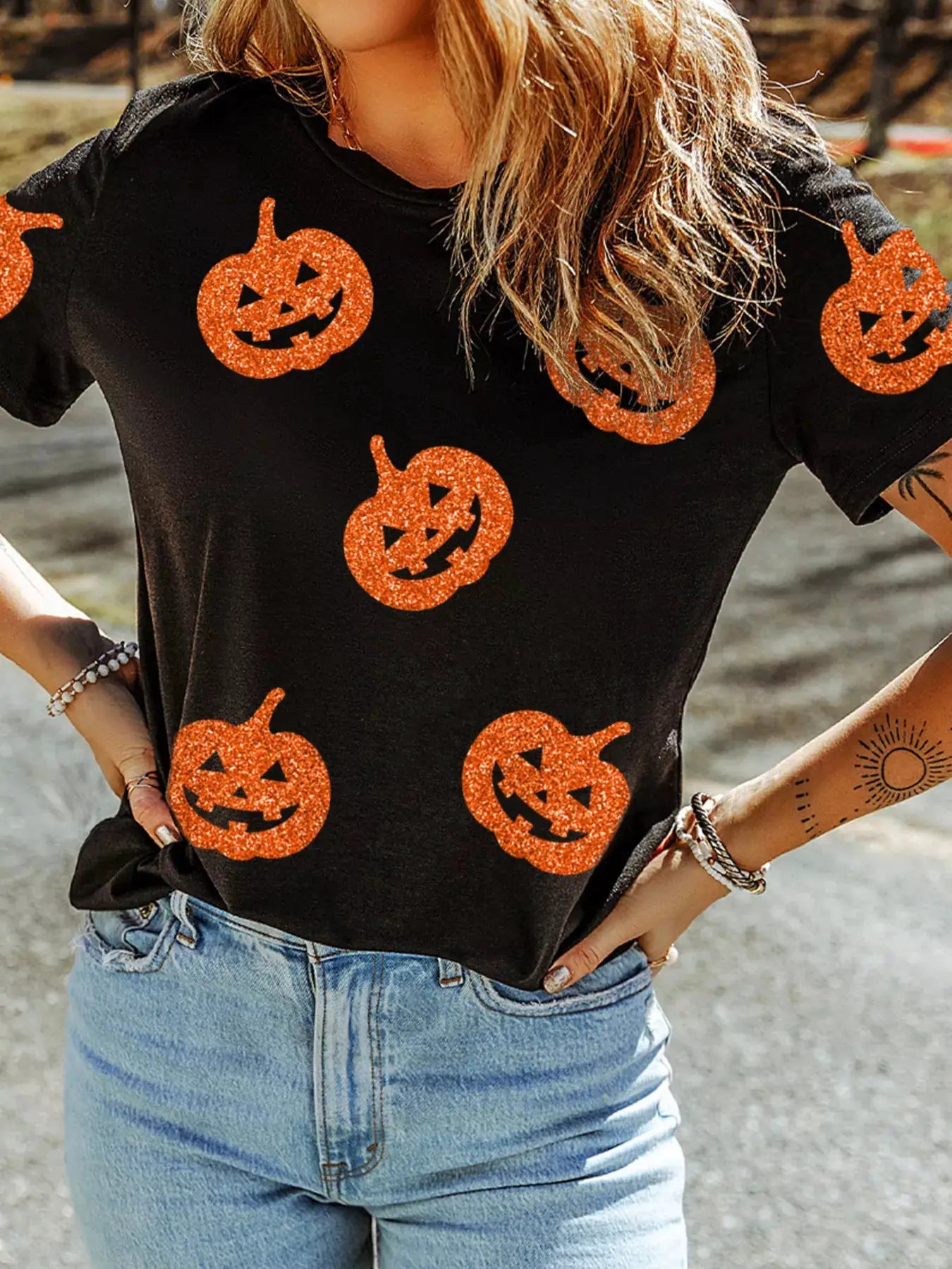 Glittering Pumpkin Face Crewneck Halloween T Shirt by Trendsi