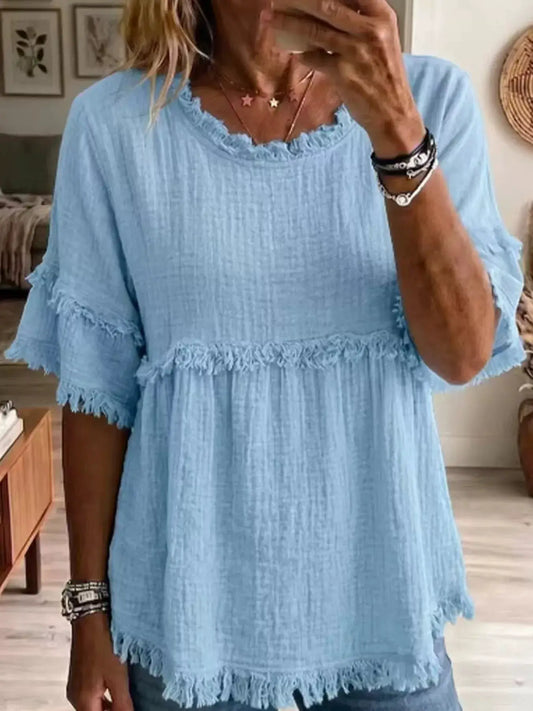 Full Size Frayed Edge Textured Blouse Plus Size by Trendsi