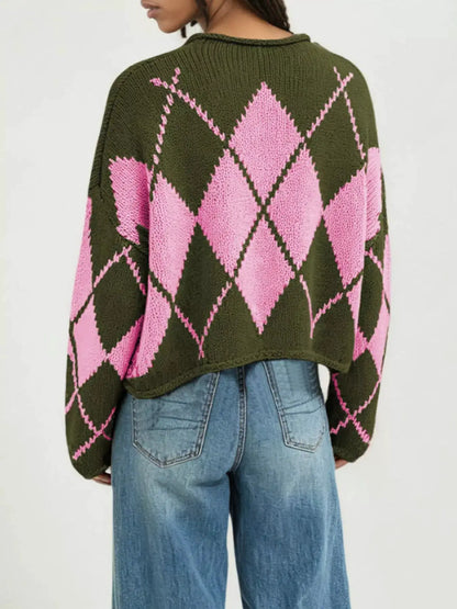 Argyle Pattern Knit Dropped Shoulder Sweater by Trendsi