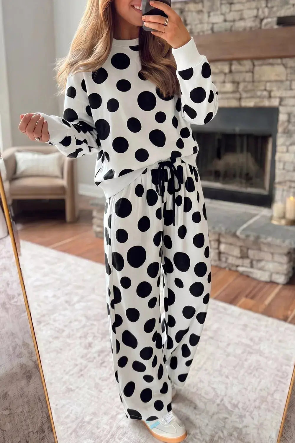 Polka Dot Print Long Sleeve Top and Wide Leg Pants Set by Trendsi