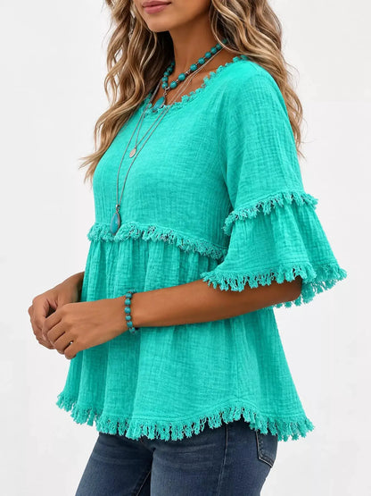 Full Size Frayed Edge Textured Blouse Plus Size by Trendsi