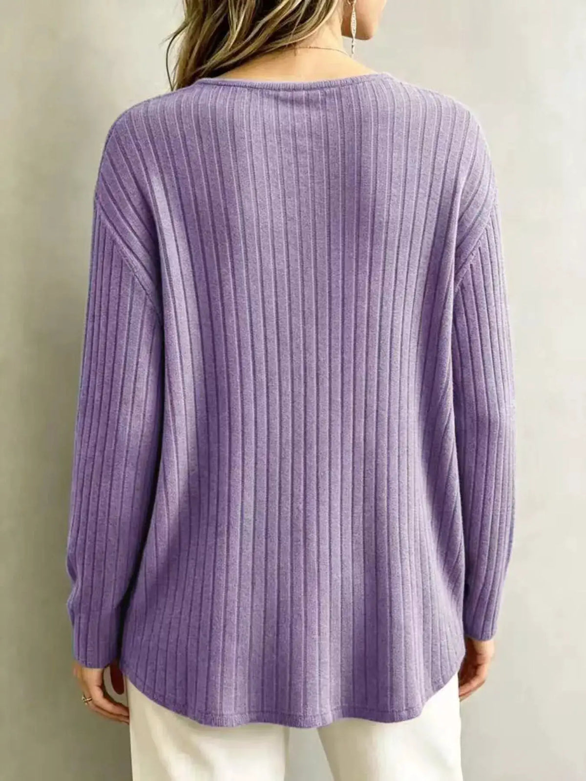 V-Neck Ribbed Long Sleeve T-Shirt by Trendsi