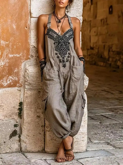 Full Size Embroidered Sleeveless Jumpsuit with Cargo Pockets Plus Size by Trendsi