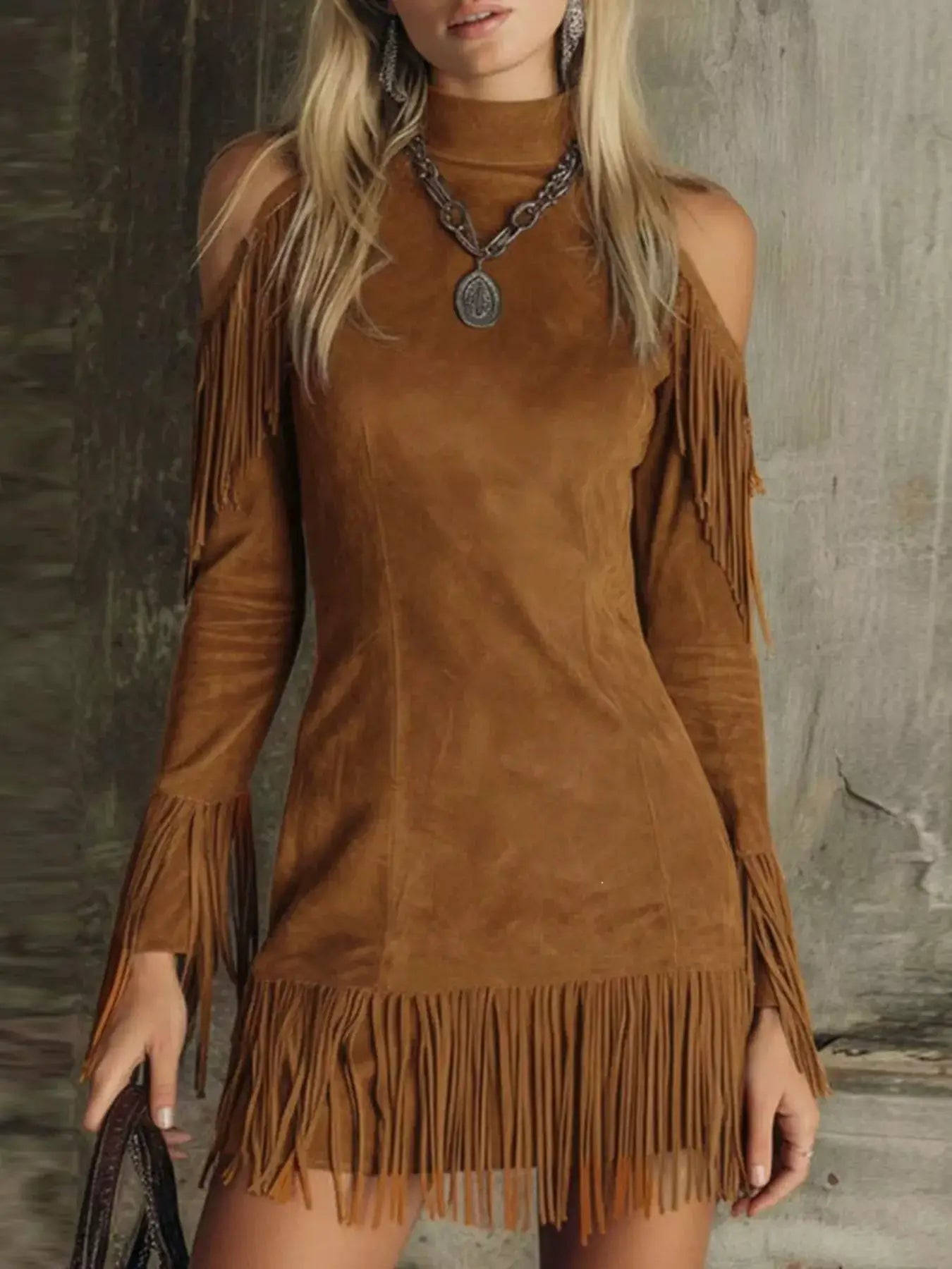 Fringed Cold Shoulder Mini Dress by Trendsi