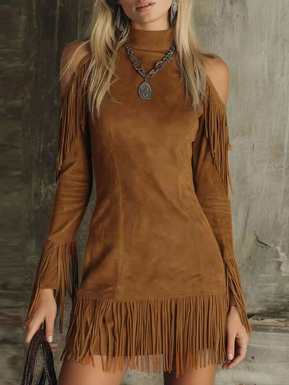 Fringed Cold Shoulder Mini Dress by Trendsi