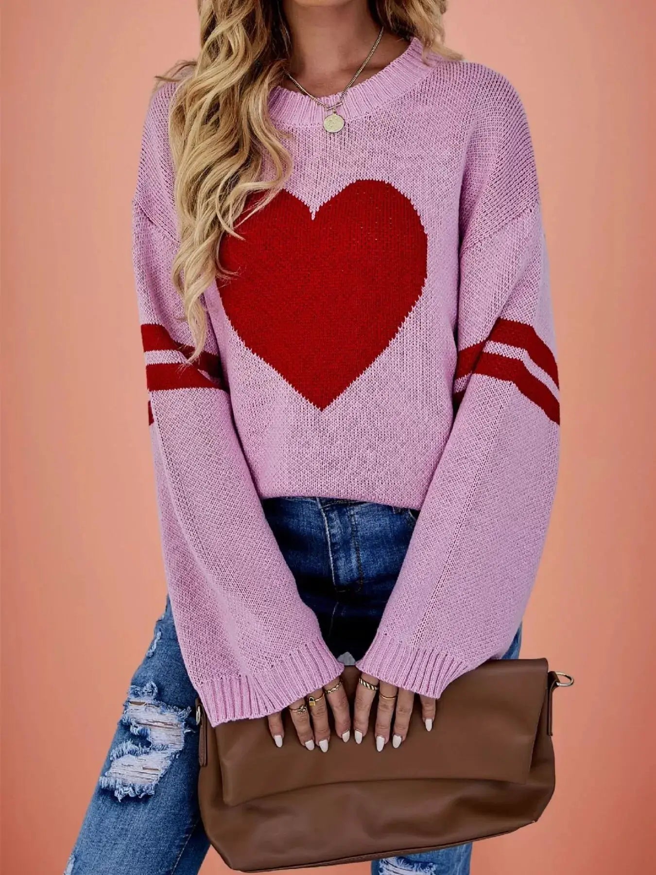 Heart Pattern Dropped Shoulder Sweater by Trendsi