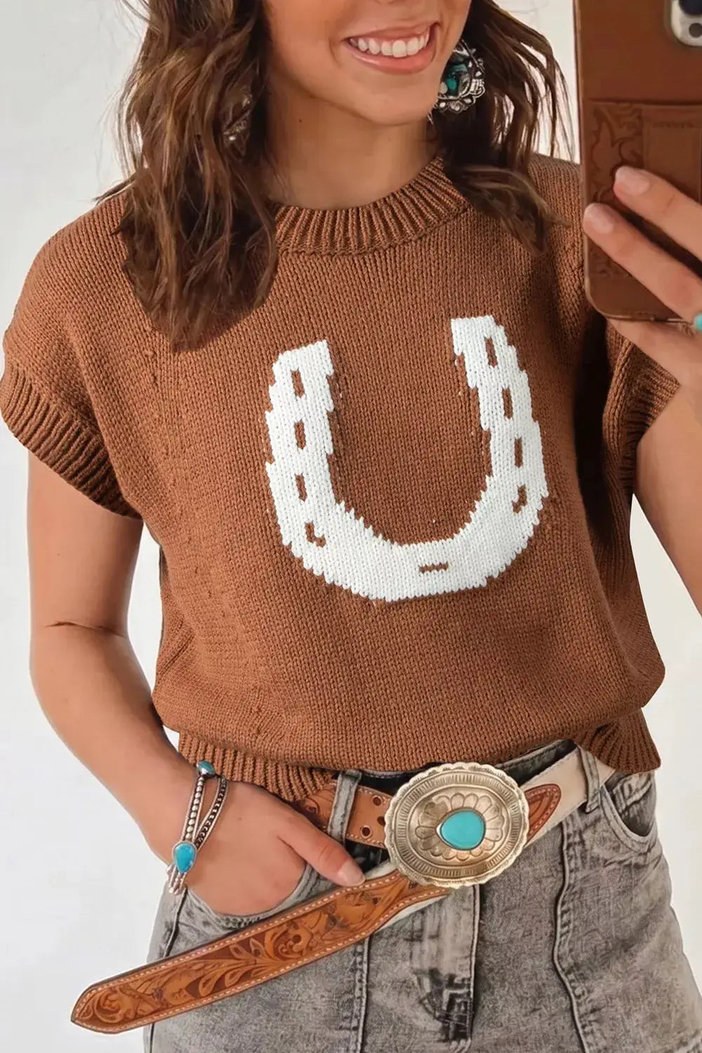 Western Horseshoe Pattern Short Sleeve Knit Sweater by Trendsi