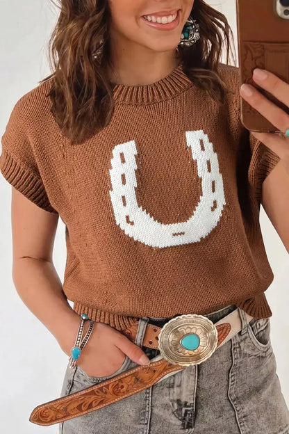 Western Horseshoe Pattern Short Sleeve Knit Sweater by Trendsi