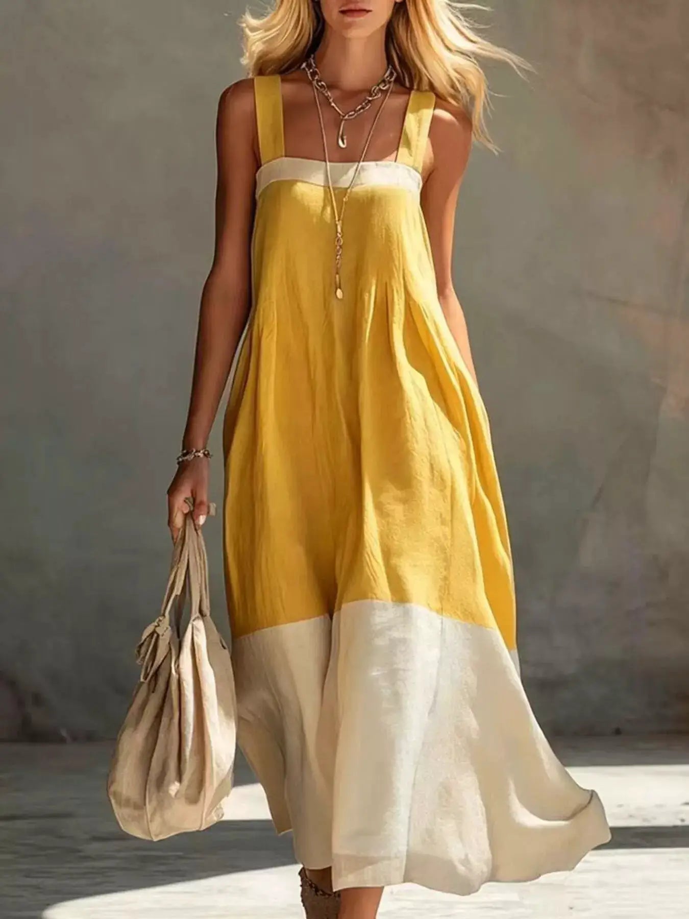 Color-Block Sleeveless Linen-Blend Midi Dress by Trendsi