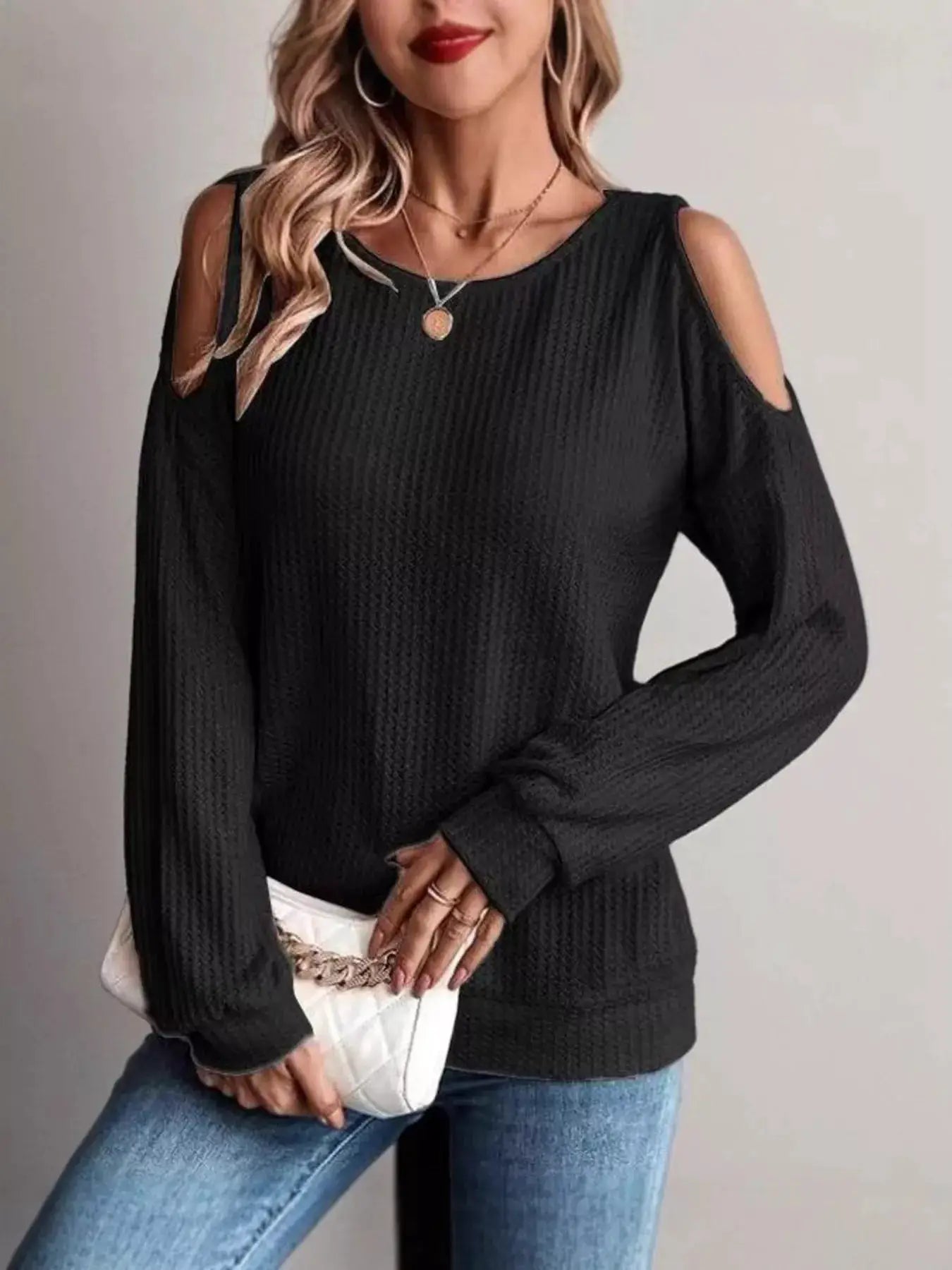 Solid Color Cold Shoulder Long Sleeve T-Shirt by Trendsi