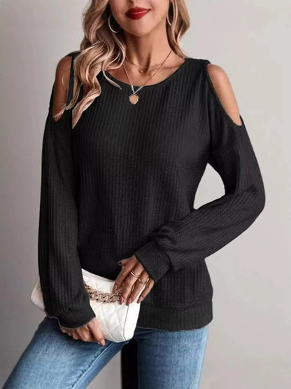Solid Color Cold Shoulder Long Sleeve T-Shirt by Trendsi