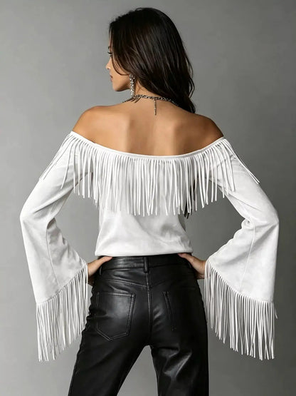 Full Size Fringed Off-Shoulder T-Shirt Plus Size by Trendsi