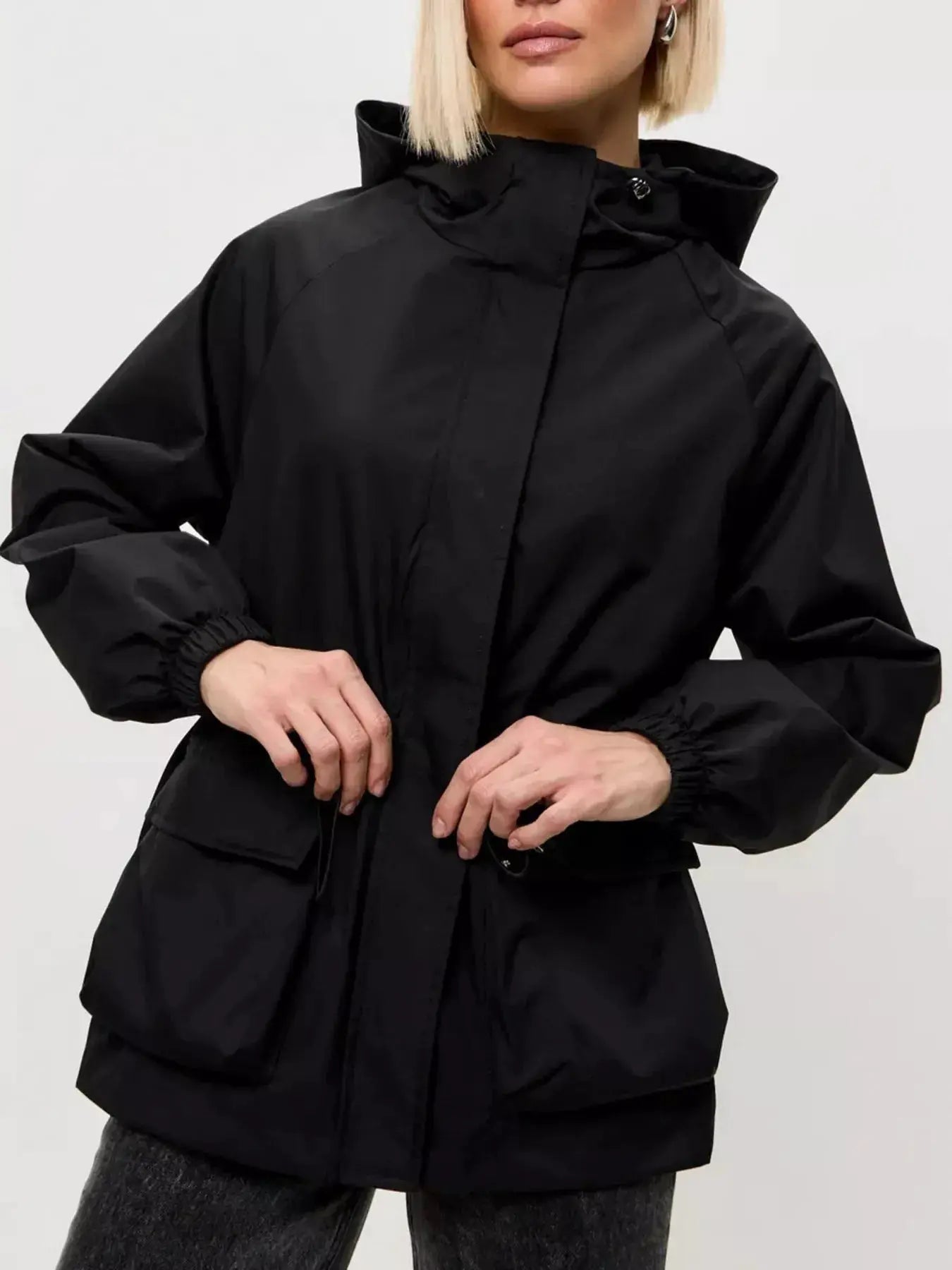 Drawstring Waist Hooded Windbreaker Outerwear by Trendsi