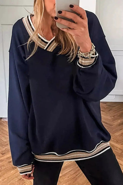Contrast Striped Trim V Neck Sweatshirt by Trendsi