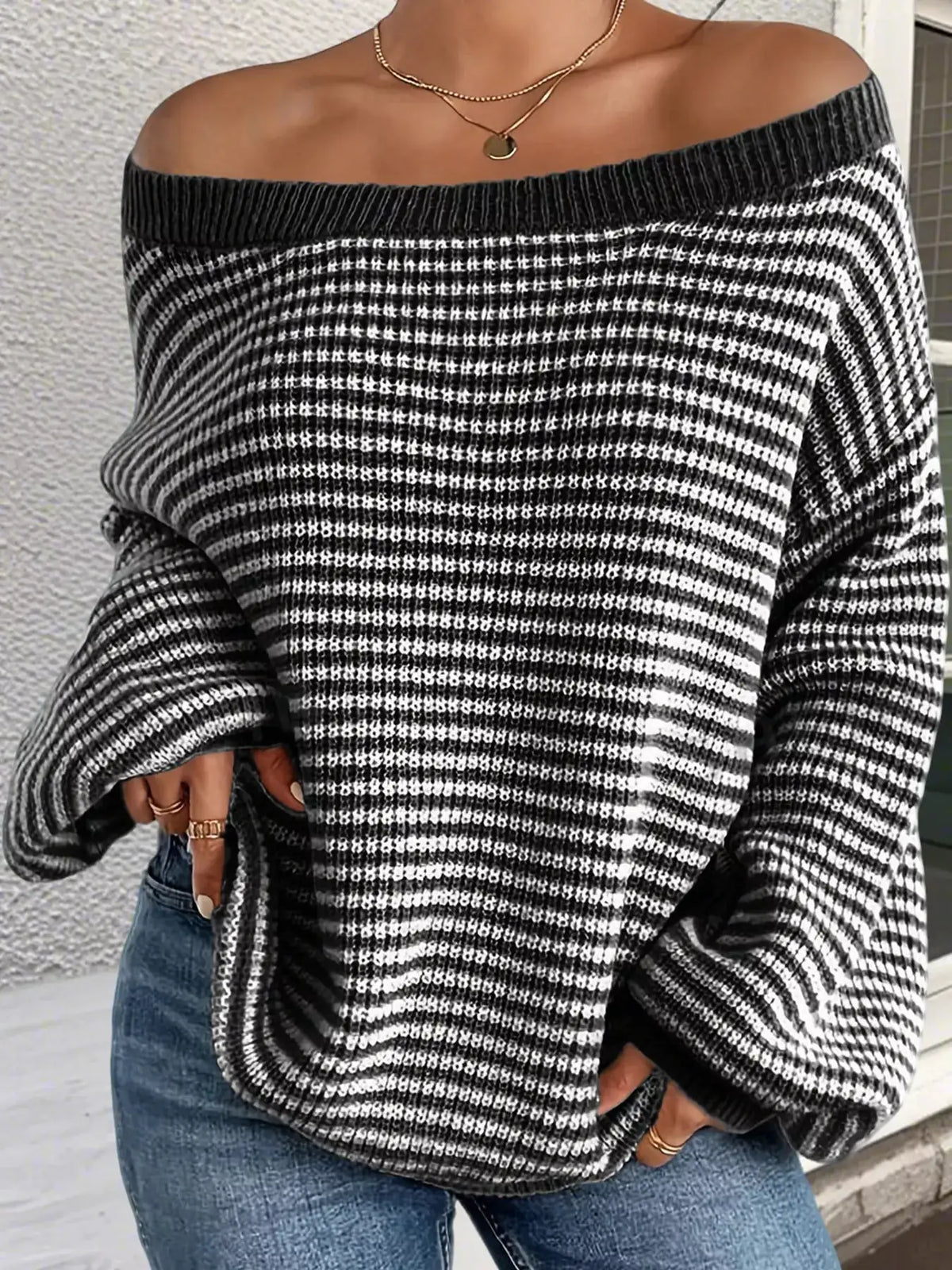 Striped Knit Boat Neck Sweater by Trendsi