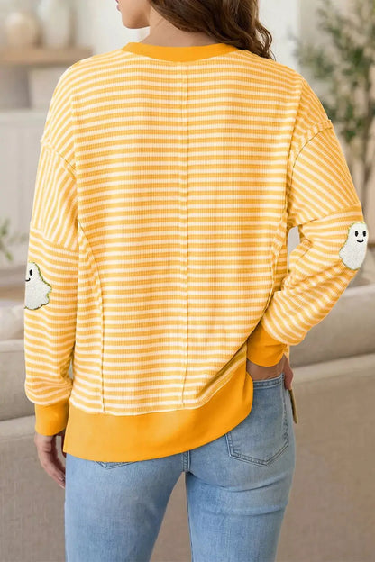 Stripe Halloween Ghost Patch Round Neck Long Sleeve Top by Trendsi