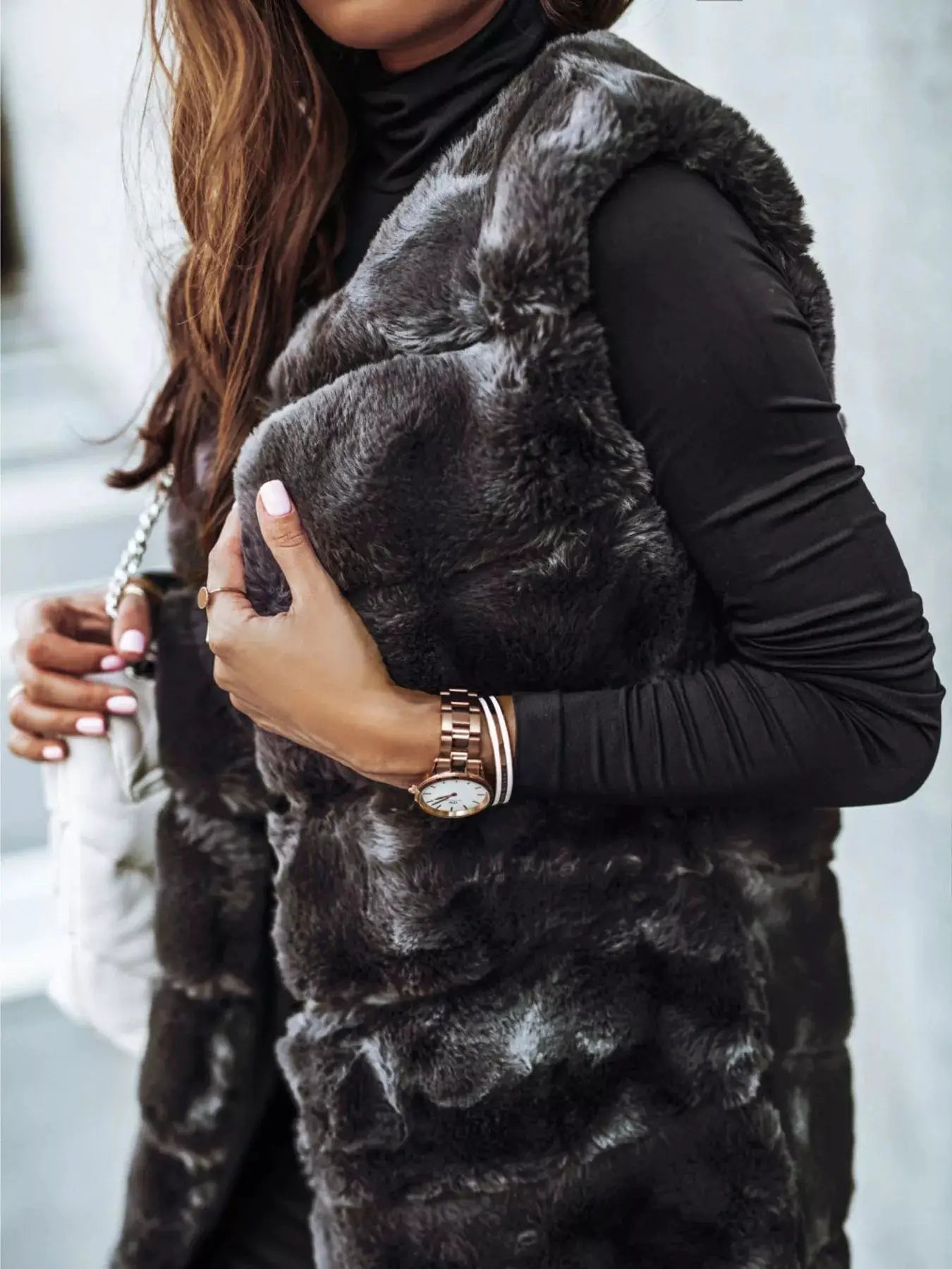 Faux Fur Longline Vest Coat by Trendsi