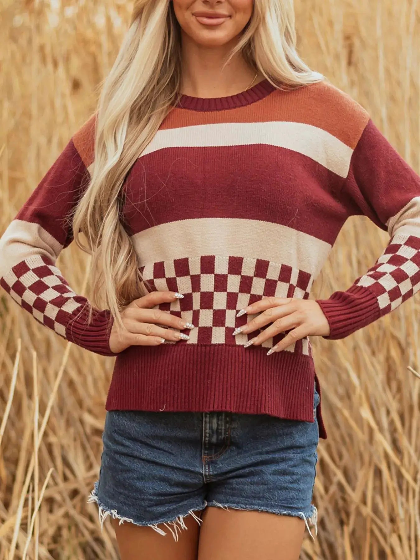 Checkered Color Block Knitted Drop Shoulder Sweater by Trendsi