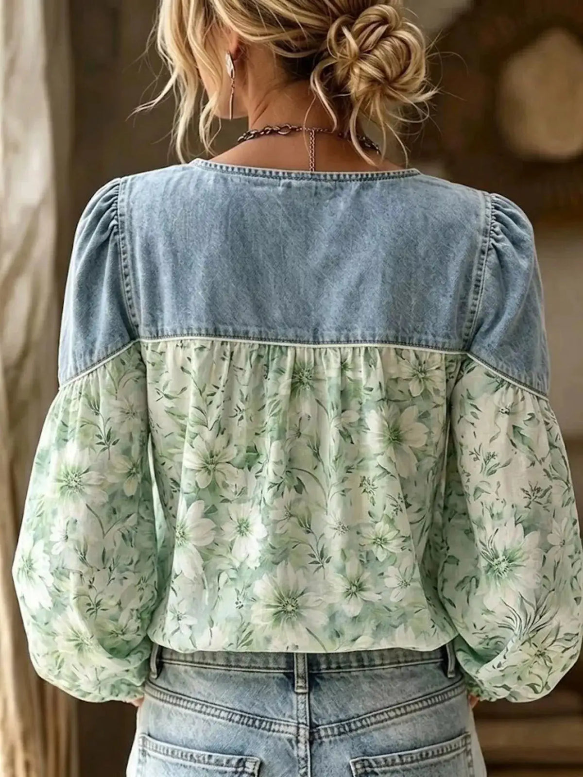Full Size Denim Patchwork Floral Denim Top Plus Size by Trendsi