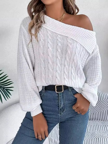 One Shoulder Cable Knit Sweater by Trendsi