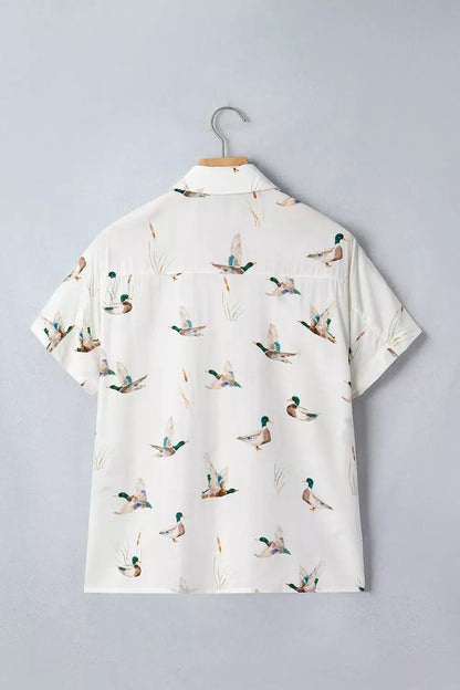 Mallard Printed Button Flap Pocket Short Sleeve Shirt by Trendsi