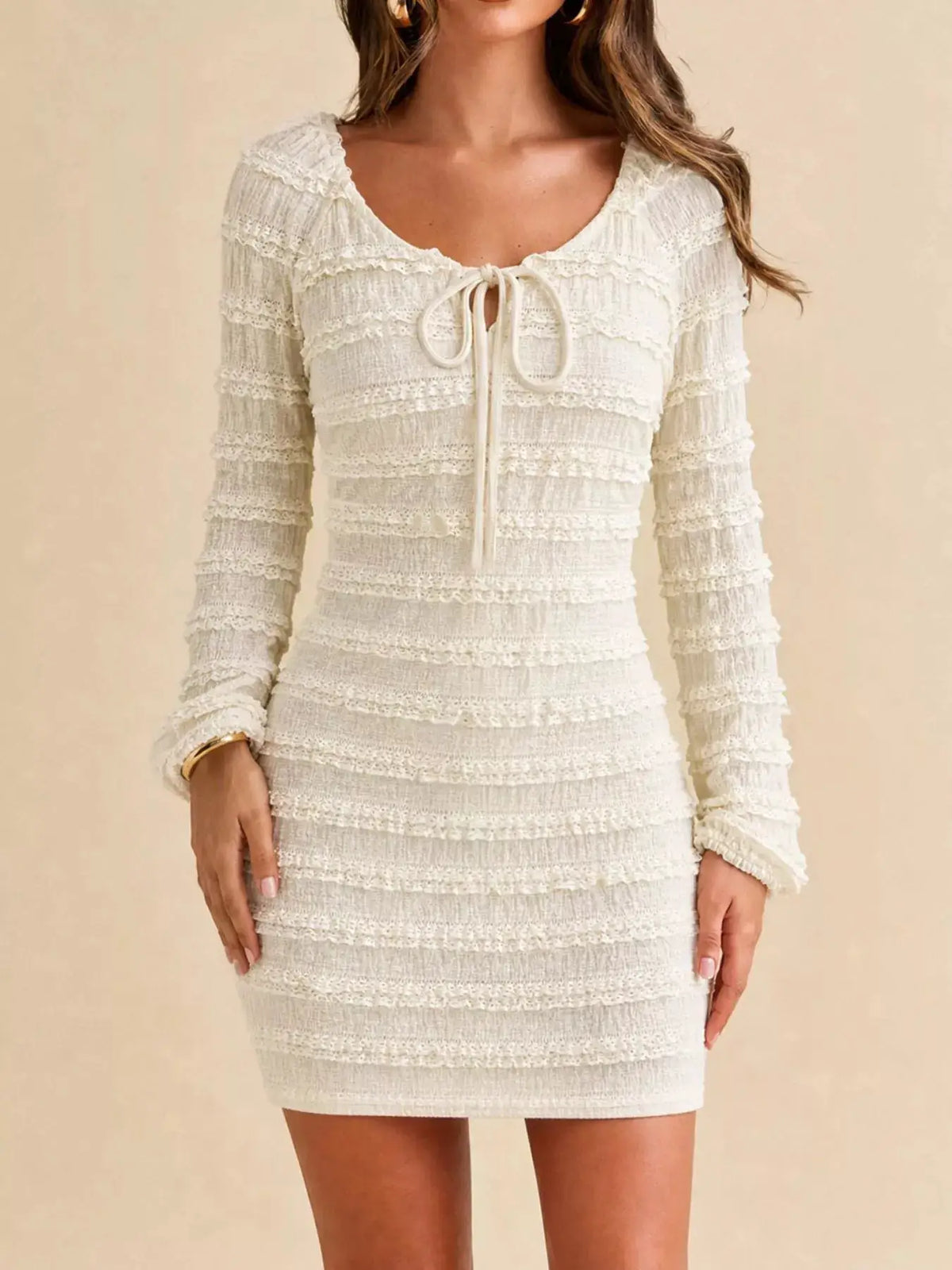 Textured Long-Sleeve Bodycon Mini Dress with Tie-Front by Trendsi