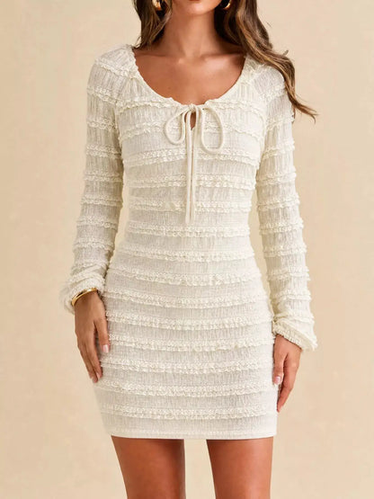 Textured Long-Sleeve Bodycon Mini Dress with Tie-Front by Trendsi