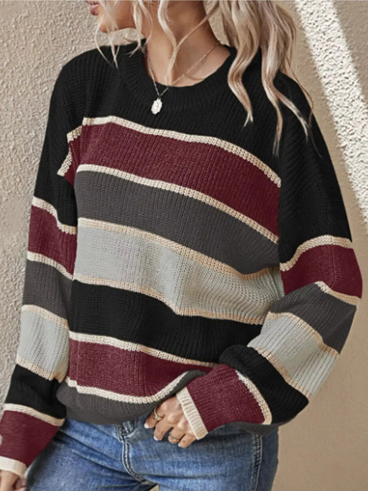 Color Block Striped Crew Neck Sweater by Trendsi