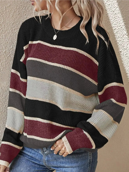 Color Block Striped Crew Neck Sweater by Trendsi