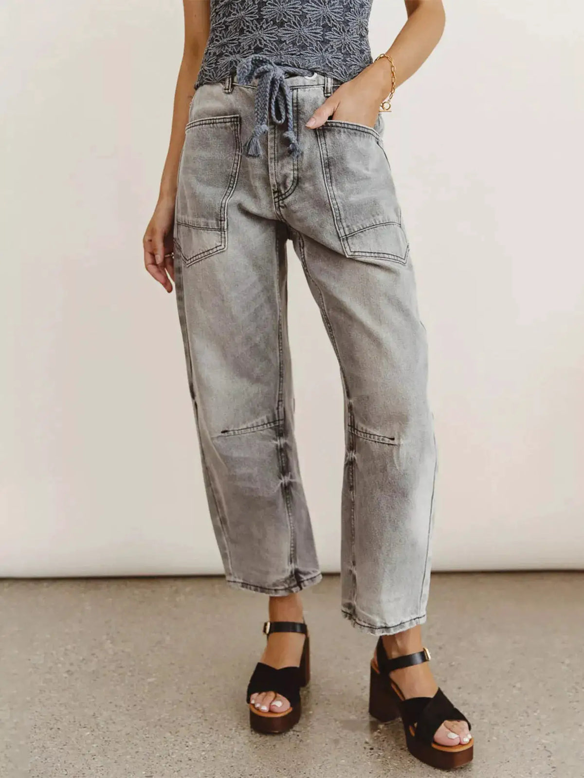 Drawstring Wide Leg Cropped Jeans by Trendsi