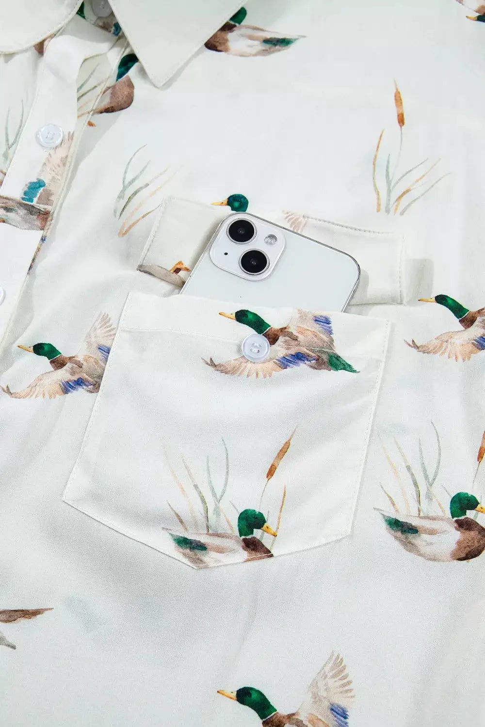 Mallard Printed Button Flap Pocket Short Sleeve Shirt by Trendsi