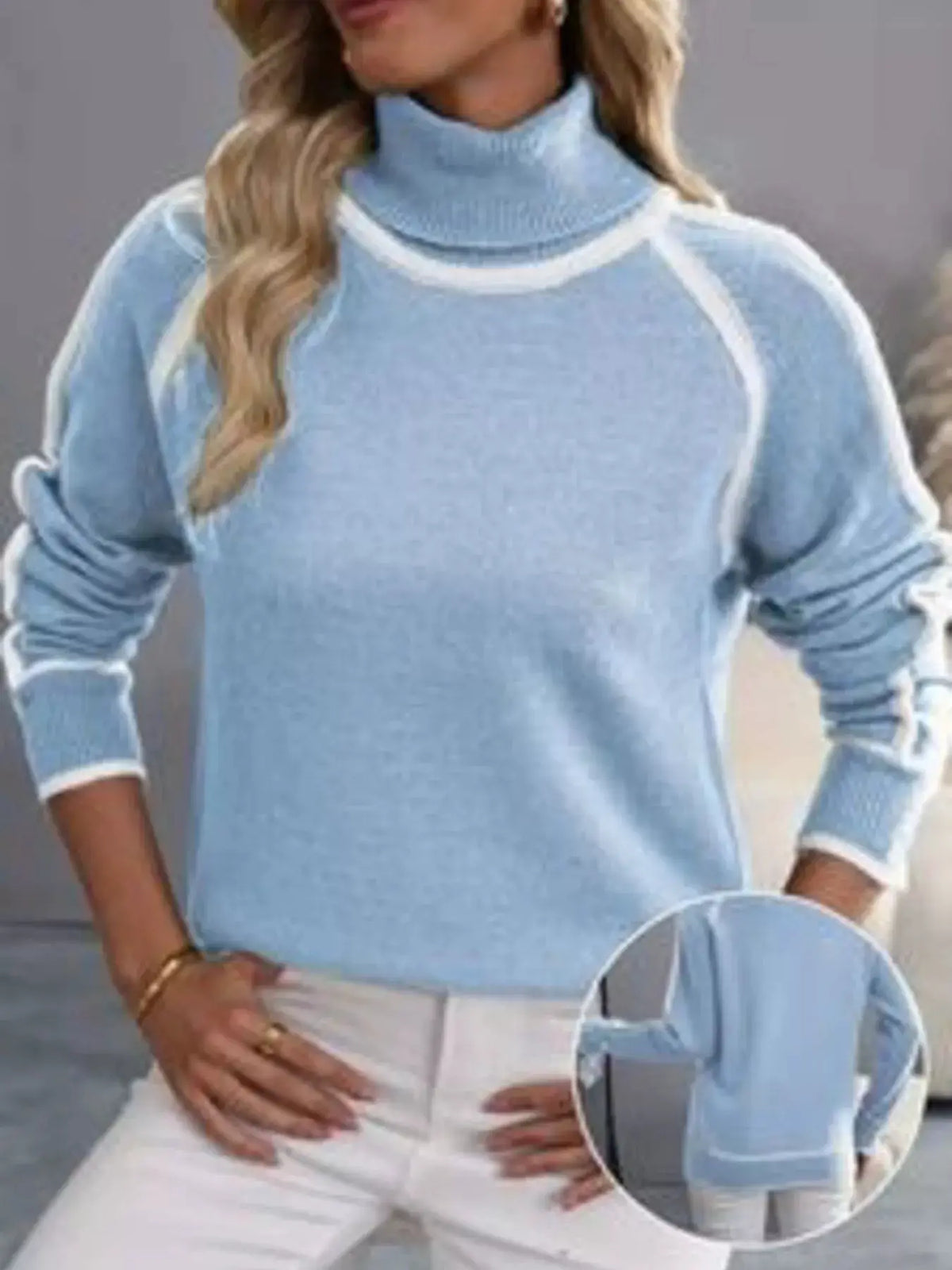 Full Size Contrast Trim Ribbed Hem Turtleneck Sweater Plus Size by Trendsi