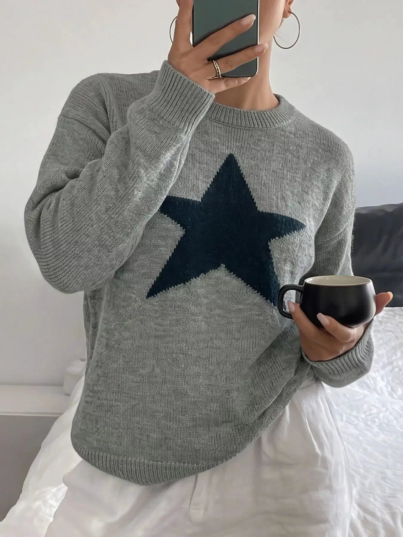 Star-Patterned Dropped Shoulder Sweater by Trendsi