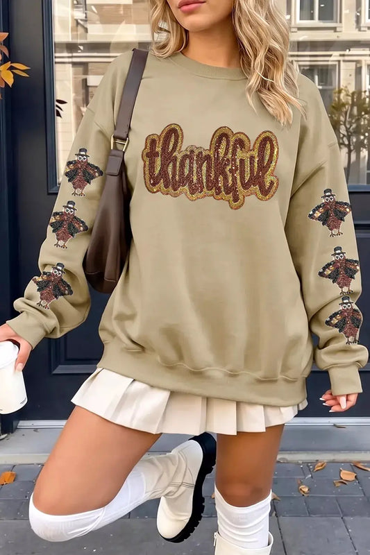 Turkey Season Thankful Sequin Sweatshirt by Trendsi