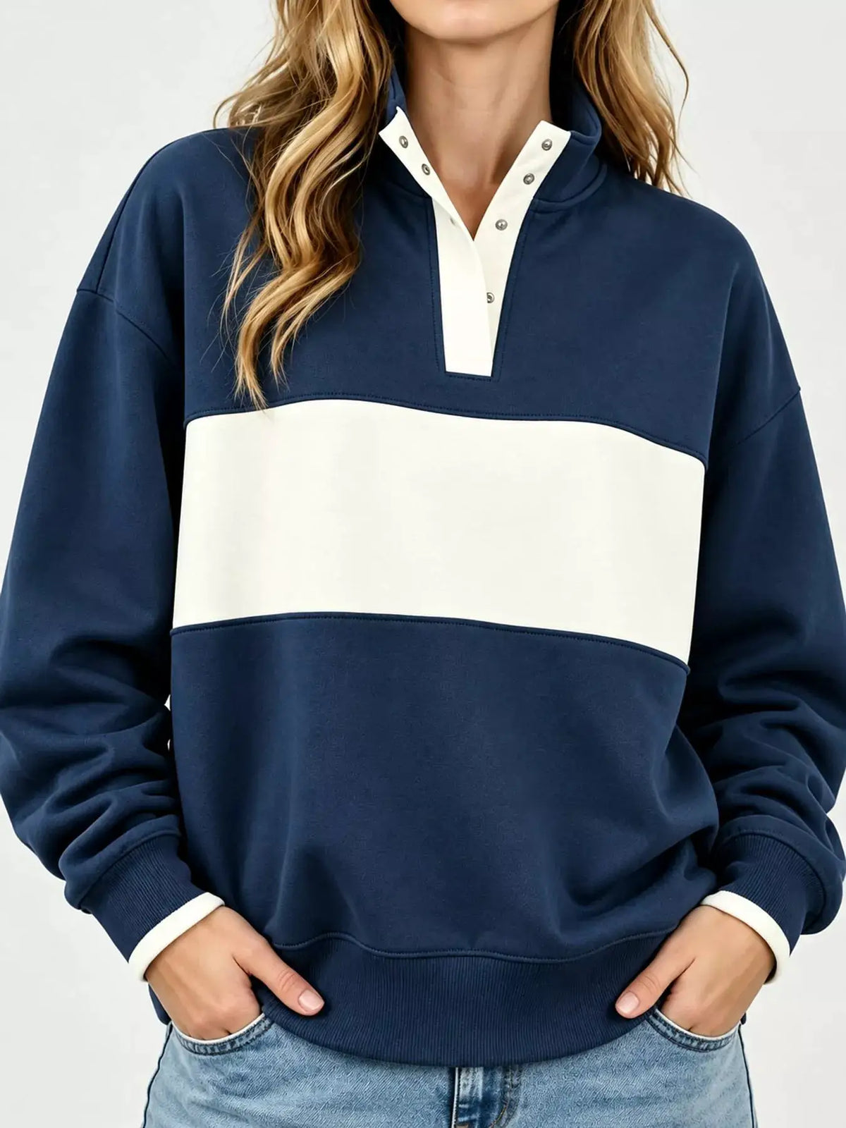 Full Size Color Block Snap-Button Sweatshirt Plus Size by Trendsi