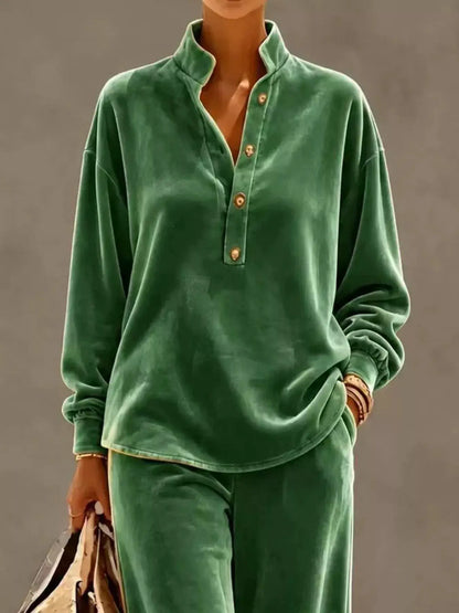 Full Size Half Button Top and Wide Leg Pants Set Plus Size by Trendsi