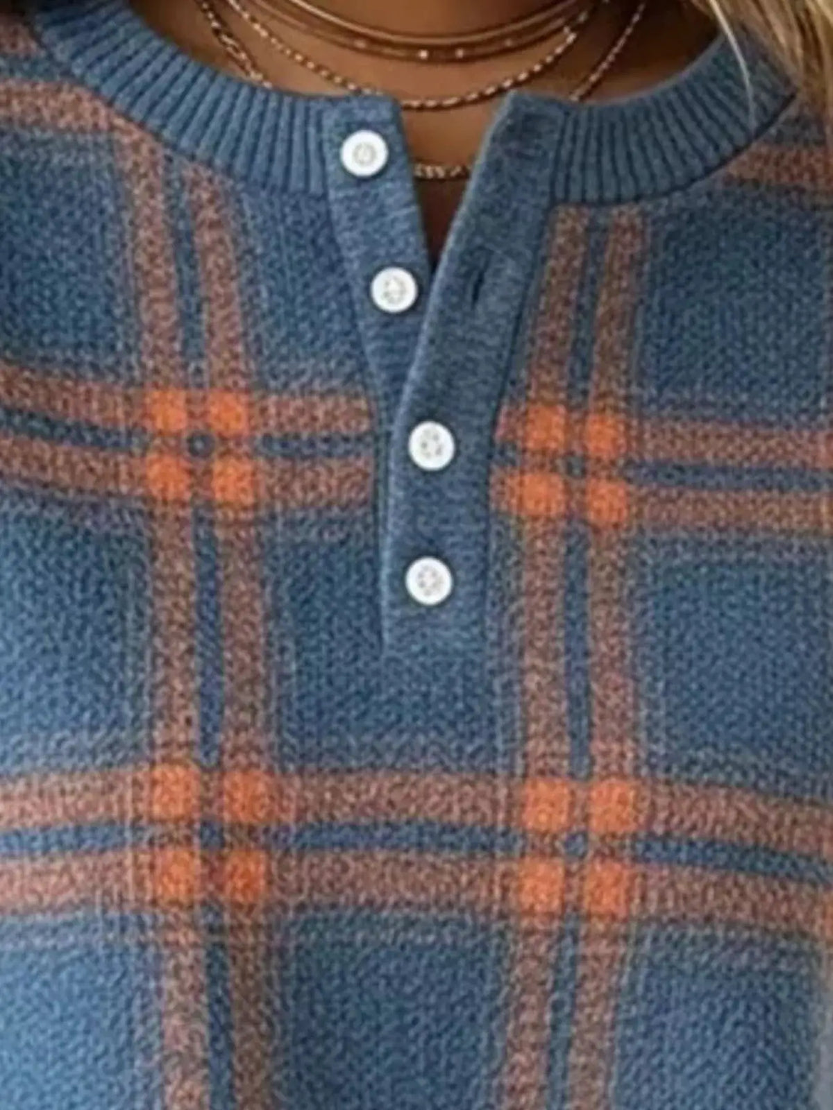 Full Size Plaid Button Detail Long Sleeve Sweatshirt Plus Size by Trendsi
