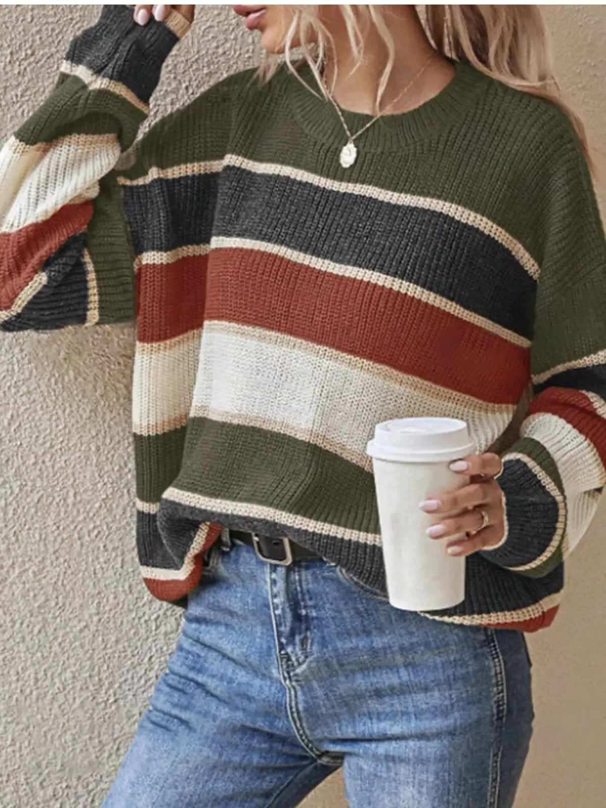 Color Block Striped Crew Neck Sweater by Trendsi