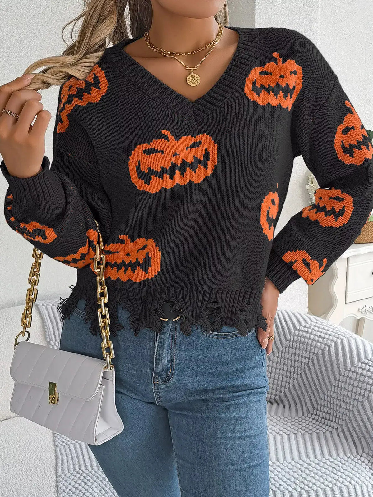 Pumpkin Distressed Hem Sweater by Trendsi