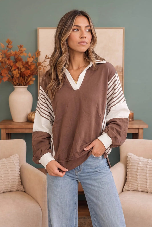 Back to School Color Block Pullover in Mocha - Bitsy Gypsy Boutique