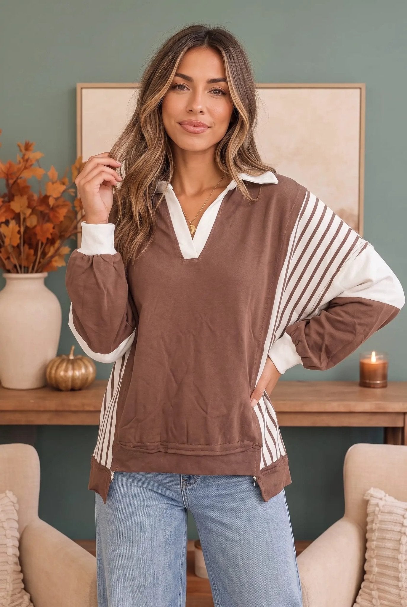 Back to School Color Block Pullover in Mocha - Bitsy Gypsy Boutique