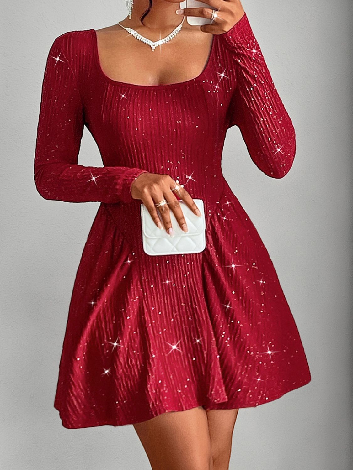 Backless Glitter Square Neck Long Sleeve Mini Dress - Bitsy Gypsy Boutique