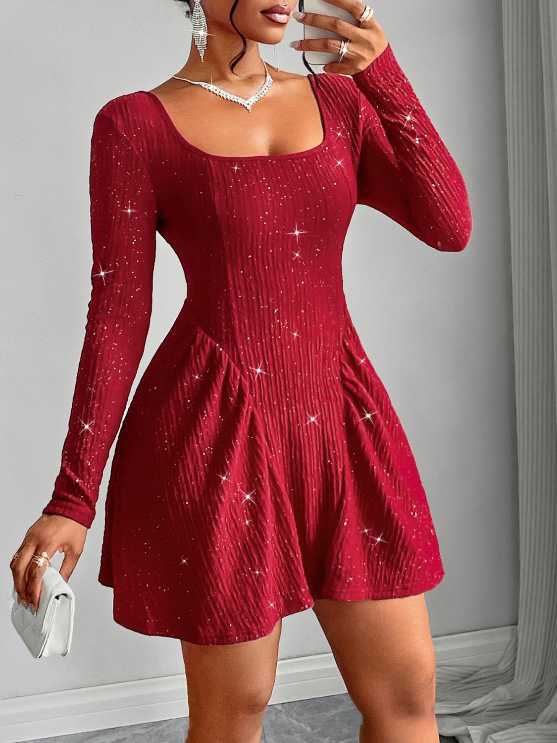 Backless Glitter Square Neck Long Sleeve Mini Dress - Bitsy Gypsy Boutique